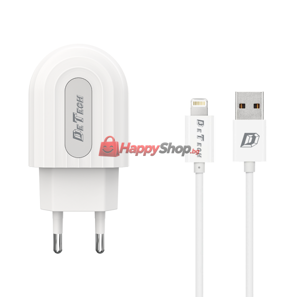 Мрежово зарядно устройство DeTech DE-28i, 5V/2.1A, 220V,1 x USB, С Lightning кабел, 1.0m, Бял - 14134
