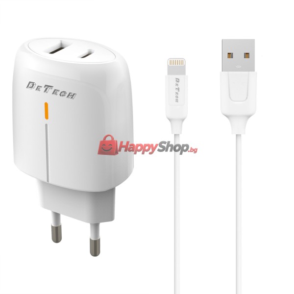 Мрежово зарядно устройство DeTech DE-31i, 20W, С Lightning кабел, 1 x Type-C F, 1 x USB F, PD, QC, Бял - 40320