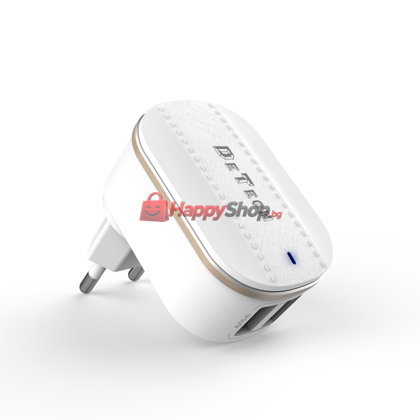 Мрежово зарядно устройство DeTech, DE-15, 5V/3.1A 220V, 2 x USB, Бял - 40095