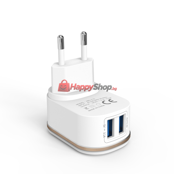 Мрежово зарядно устройство DeTech, DE-15, 5V/3.1A 220V, 2 x USB, Бял - 40095