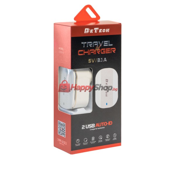 Мрежово зарядно устройство DeTech, DE-15, 5V/3.1A 220V, 2 x USB, Бял - 40095