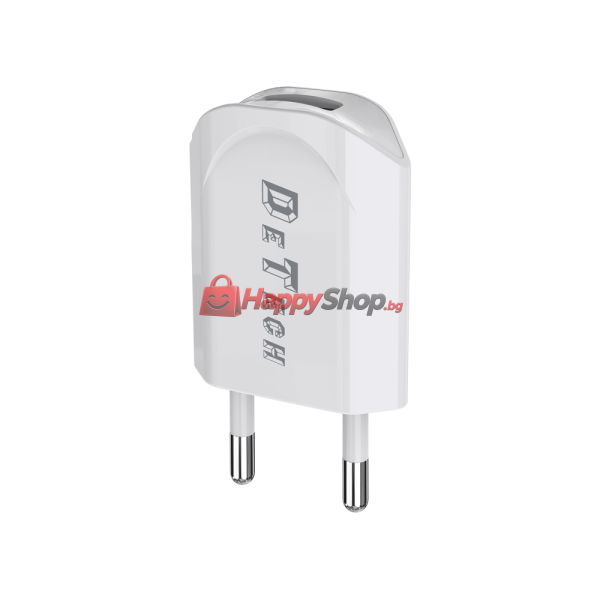 Мрежово зарядно устройство, DeTech, DE-11i, 5V/1A, 220V,1 x USB, С Lightning кабел, 1.0m, Бял - 14116
