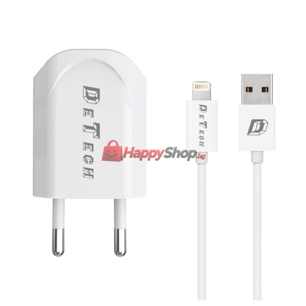 Мрежово зарядно устройство, DeTech, DE-11i, 5V/1A, 220V,1 x USB, С Lightning кабел, 1.0m, Бял - 14116