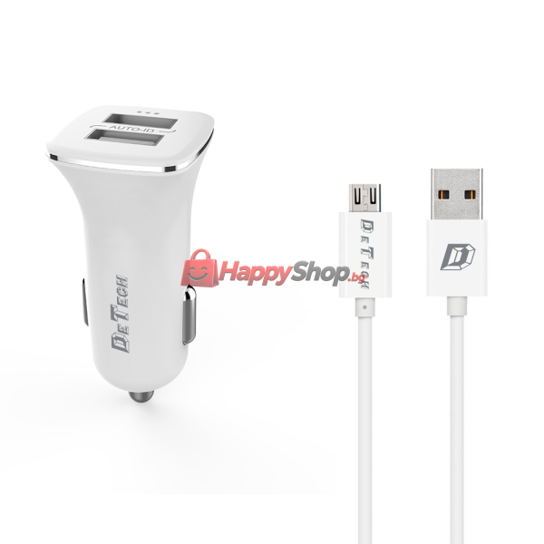 Зарядно устройство за кола DeTech, DE-C01M, 5V/2.4A, 12/24V, С Micro USB кабел, 2 x USB, Бял - 14124