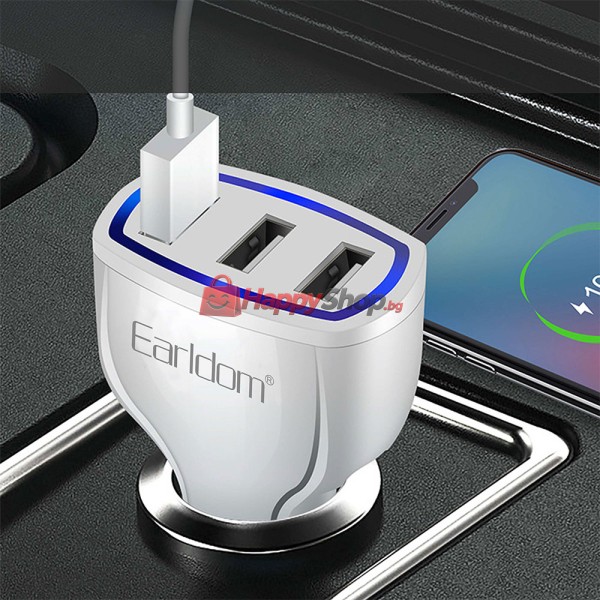 Зарядно устройство за кола Earldom ES-CC13, 3xUSB, QC3.0, С Type-C кабел, Бял - 40254