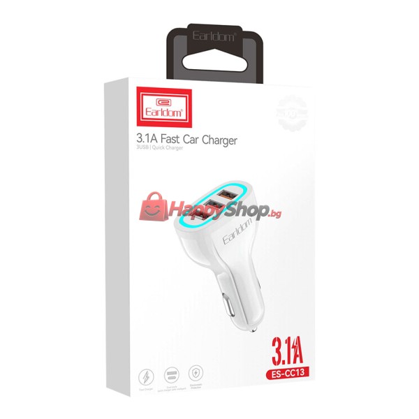 Зарядно устройство за кола Earldom ES-CC13, 3xUSB, QC3.0, С Type-C кабел, Бял - 40254