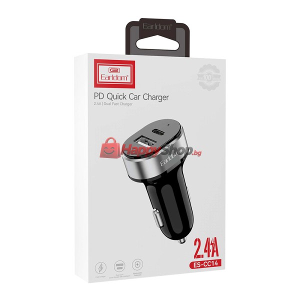 Зарядно устройство за кола Earldom ES-CC14, 1xUSB, 1xType-C, С Type-C кабел, Черен - 40243