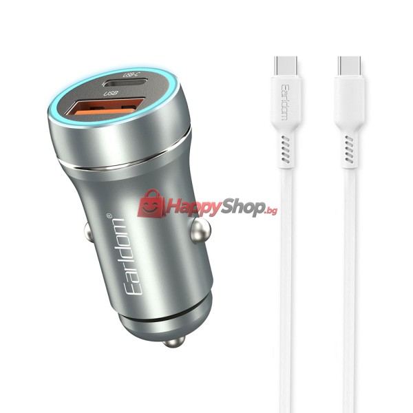 Зарядно устройство за кола Earldom ES-CC29, 30W, USB QC3.0, PD, С Type-C PD кабел, Сребрист - 40351