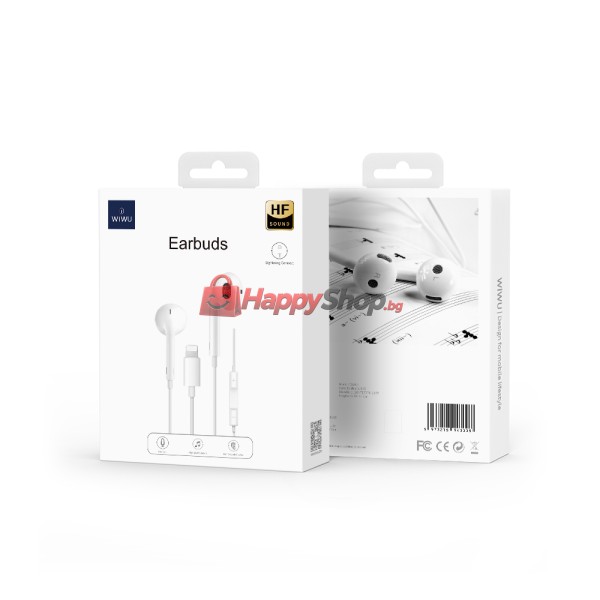 Слушалки за мобилни устройства WiWu Earbuds 302, Lightning, Mикрофон, Бял - 20732