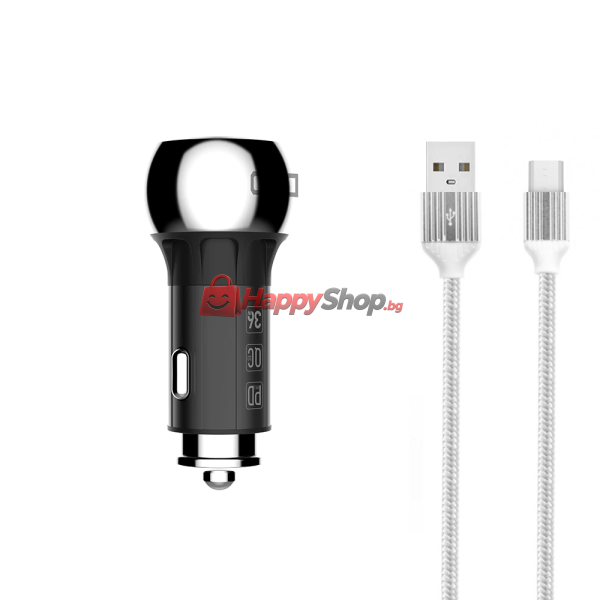 Зарядно устройство за кола LDNIO C1, 1xUSB QC3.0, 1xType-C PD, С Micro USB кабел, Сив - 40076