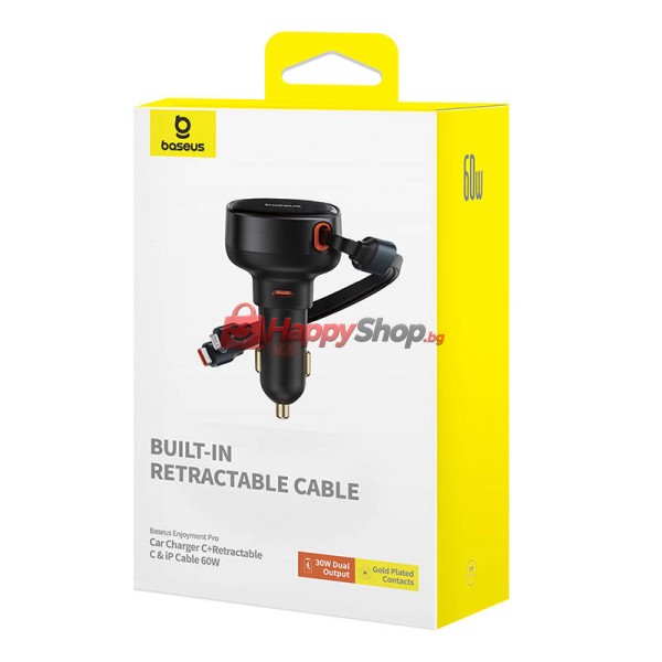 Зарядно устройство за кола Baseus Enjoyment Pro, 60W, С Type-C и Lightning кабел, Черен - 40498