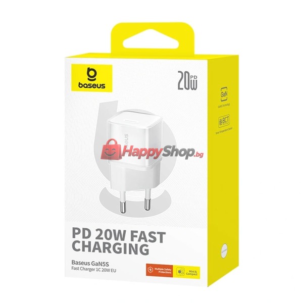 Мрежово зарядно устройство Baseus GaN5S Fast Charger 1C, 20W, 1 x Type-C F, Бял - 40407