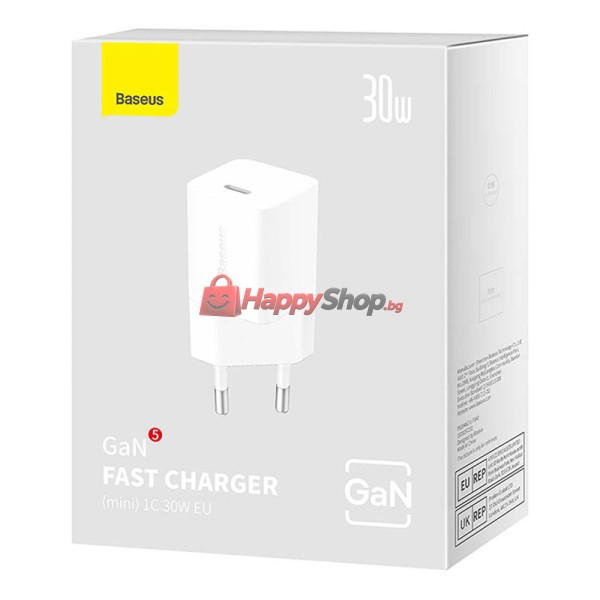 Мрежово зарядно устройство Baseus GaN5S Fast Charger 1C, 30W, 1 x Type-C F, Бял - 40409