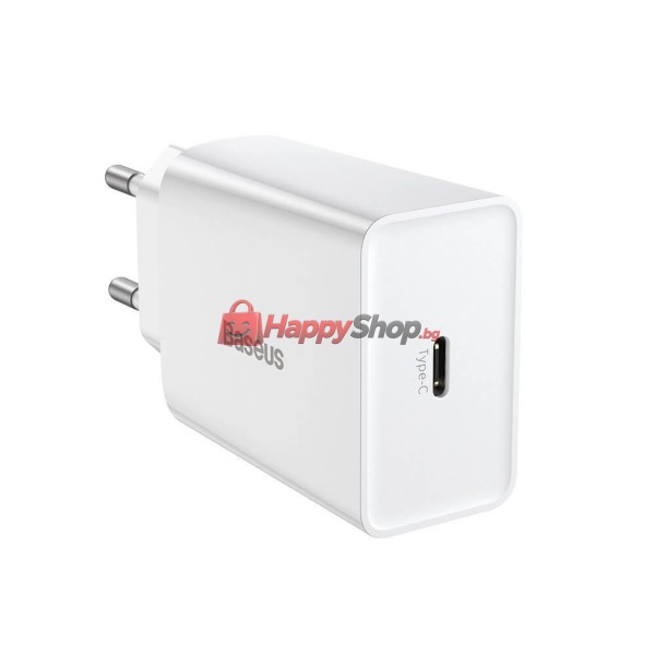 Мрежово зарядно устройство Baseus Speed Mini 1C, 20W, 1 x Type-C F, Бял - 40414