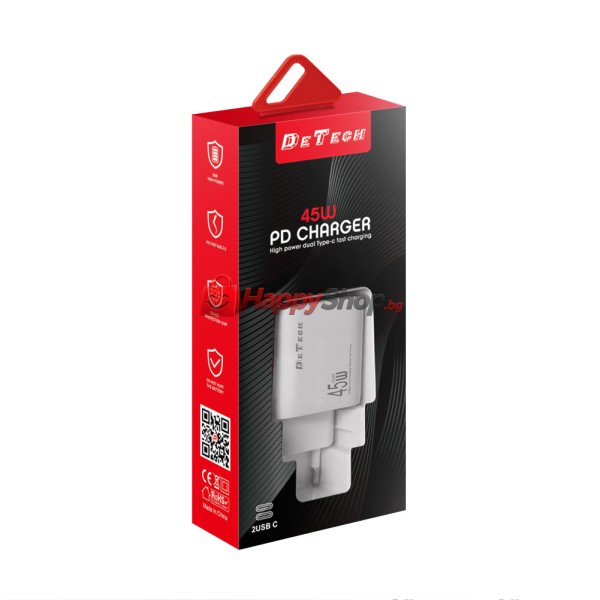 Мрежово зарядно устройство DeTech DE-PD, 45W, GaN, 2 x Type-C F, Бял - 40340