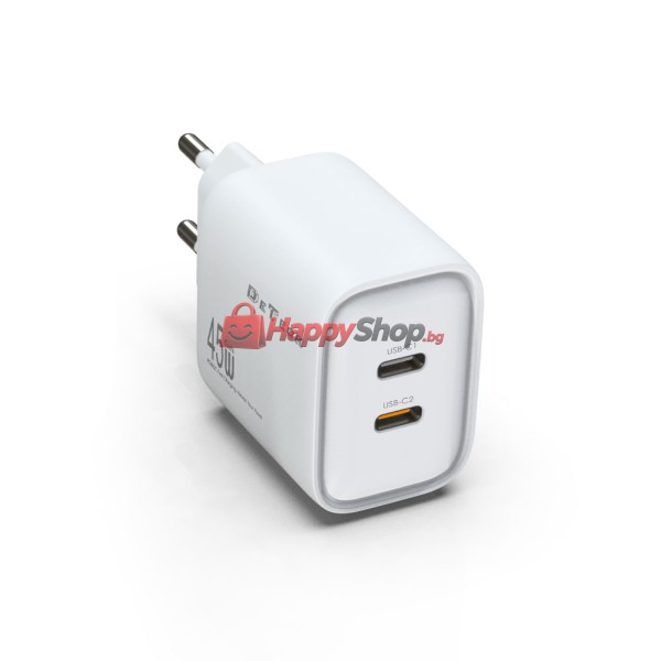 Мрежово зарядно устройство DeTech DE-PD, 45W, GaN, С Type-C кабел, 2 x Type-C F, Бял - 40341