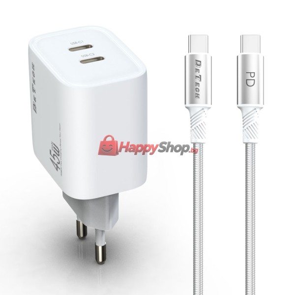 Мрежово зарядно устройство DeTech DE-PD, 45W, GaN, С Type-C кабел, 2 x Type-C F, Бял - 40341