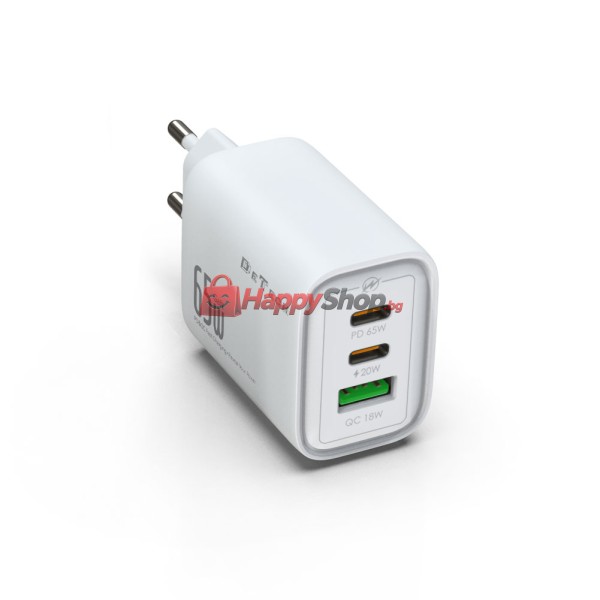 Мрежово зарядно устройство DeTech DE-PD, 65W, GaN, 2 x Type-C F, 1 x USB F, Бял - 40342