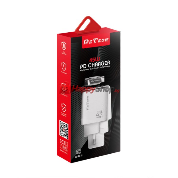 Мрежово зарядно устройство DeTech DE-PD, 65W, GaN, С Type-C - Type-C кабел, 2 x Type-C F, 1 x USB F, Бял - 40343