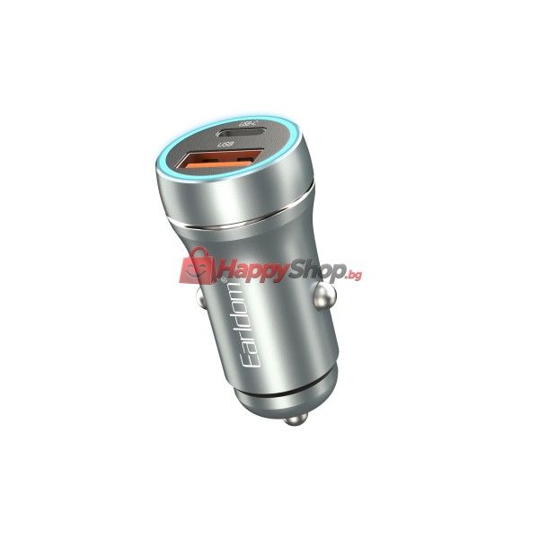 Зарядно устройство за кола Earldom ES-CC29, 30W, USB QC3.0, PD, С Lightning - PD кабел, Сребрист - 40352