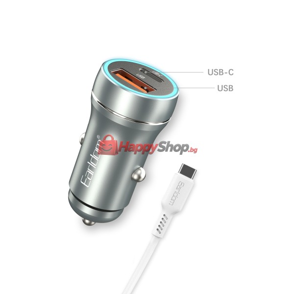 Зарядно устройство за кола Earldom ES-CC29, 30W, USB QC3.0, PD, С Lightning - PD кабел, Сребрист - 40352