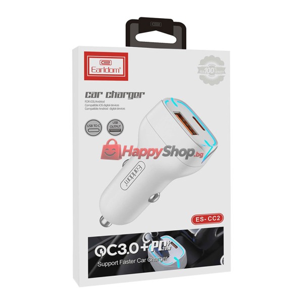 Зарядно устройство за кола Earldom ES-CC2, 1xUSB QC3.0, 1xType-C PD, Различни цветове - 40246