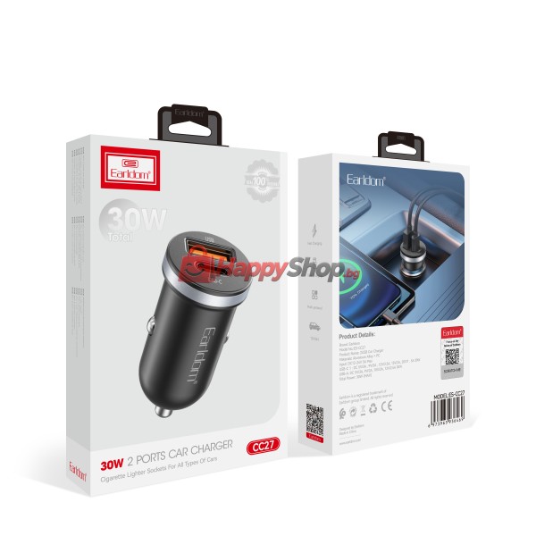 Зарядно устройство за кола Earldom ES-CC27, 30W, USB, Type-C, Черен - 40353