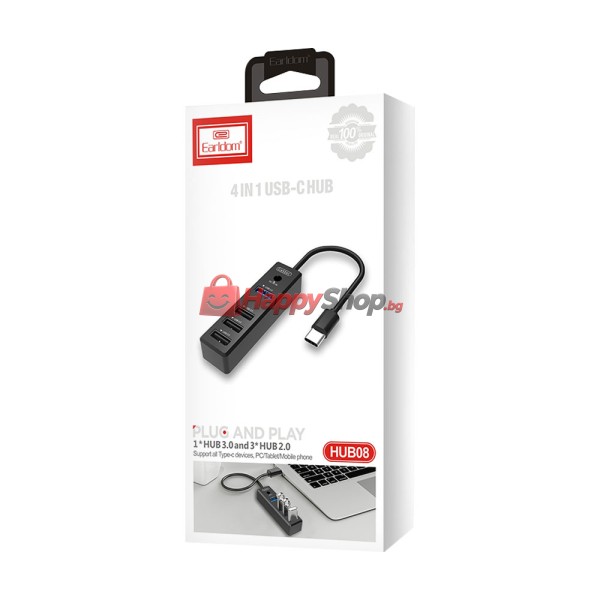 USB хъб Earldom ET-HUB08, Type-C, 4 Порта,, Черен - 40171