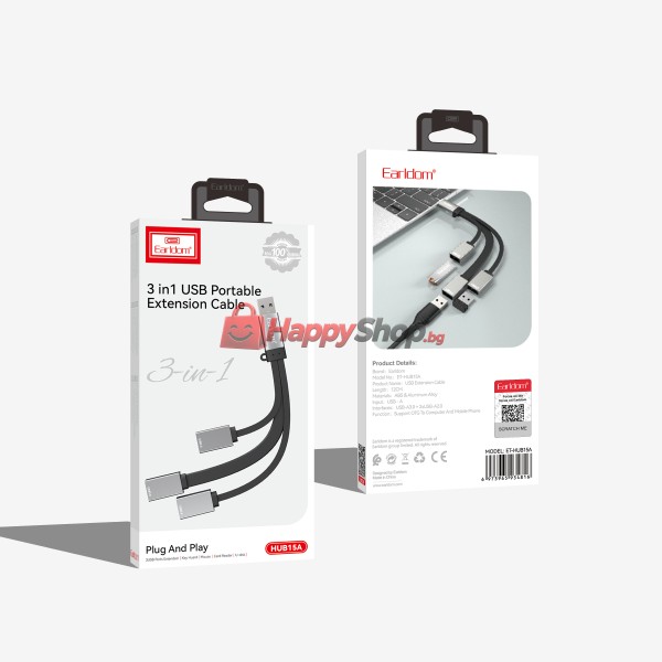 USB хъб Earldom ET-HUB15A, 3 Порта, OTG, Черен - 12066