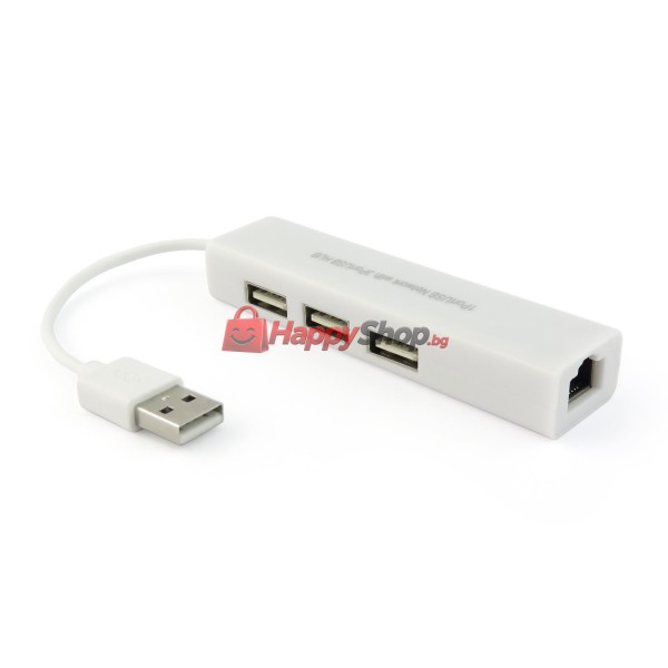 USB хъб , USB 2.0 + Мрежов адаптер, 3 Порта, Бял - 12052