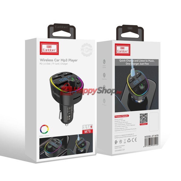 FM Трансмитер Earldom ET-M78, Bluetooth, Micro SD, USB, Type-C, QC, Черен - 17776