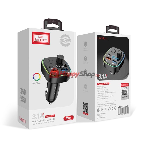 FM Трансмитер Earldom ET-M84, Bluetooth, USB, Type-C, PD, 3.1A, Черен - 17773