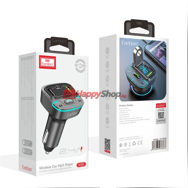 FM Трансмитер Earldom ET-M85, Bluetooth, USB, 3.1A, Черен - 17772