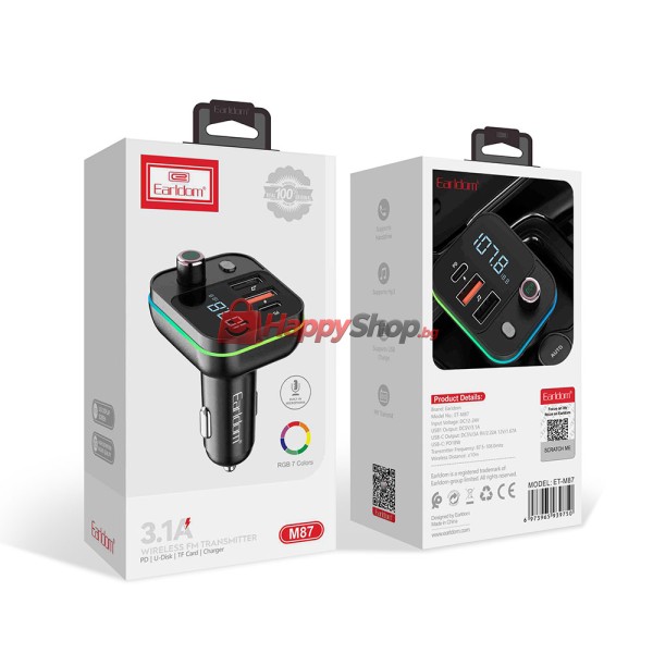 FM Трансмитер Earldom ET-M87, Bluetooth, USB, Type-C, PD, 3.1A, Черен - 17770