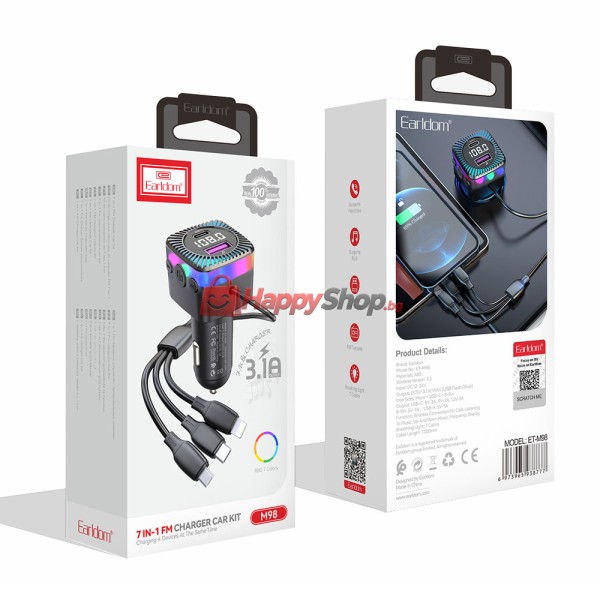 FM Трансмитер Earldom ET-M98, Bluetooth, USB, Type-C, 3.1A, С кабел 3 в 1, Черен - 17768
