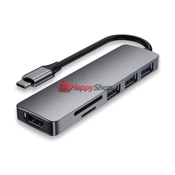 Докинг станция DeTech, 6в1 USB3.1 Type-C-USB3.0*3+4K, HDMI 4K 30Hz,SD/TF Card, Сив - 17851