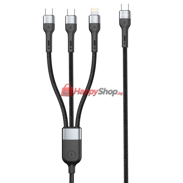 Кабел за данни DeTech DE-51CCL, 3 в 1, Type-C - 2хType-C, Lightning, 1.0m, Черен - 40516