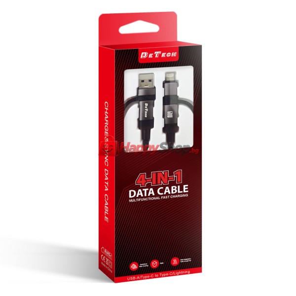 Кабел за данни DeTech DE-54UCI, 4в1 USB-Lightning/Type-C Type-C - Type-C, 1.0m, Черен - 40535