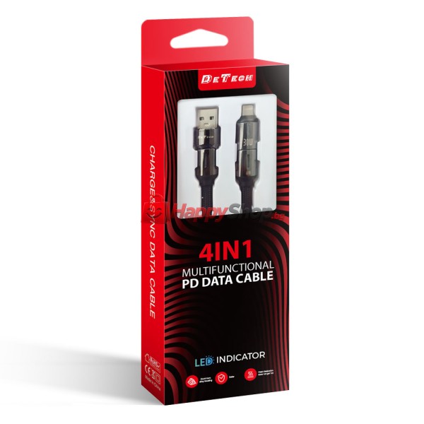 Кабел за данни DeTech DE-55UCI, 4в1 USB-Lightning/Type-C Type-C - Type-C Type-C - Lightning, 1.0m, Черен - 40536