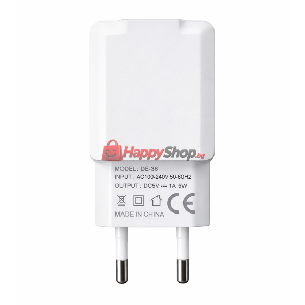 Мрежово зарядно устройство DeTech DE-36, 5V/1A 220V, 1 x USB, Бял - 40537