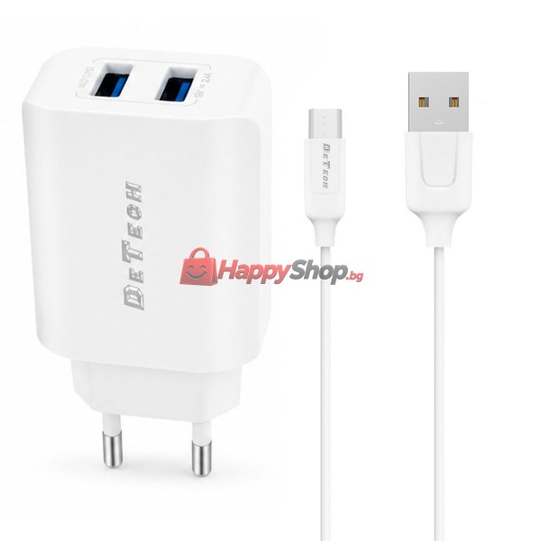 Мрежово зарядно устройство DeTech DE-58C, 5V/2.4A, 220V, 2 x USB, с Type-C кабел, 1.0m, Бял - 40539