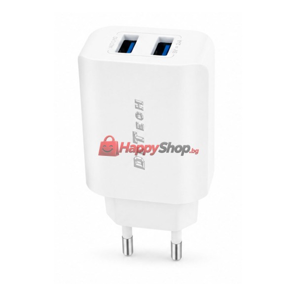 Мрежово зарядно устройство DeTech DE-58i, 5V/2.4A, 220V, 2 x USB, С кабел Lightning, 1.0m, Бял - 40540