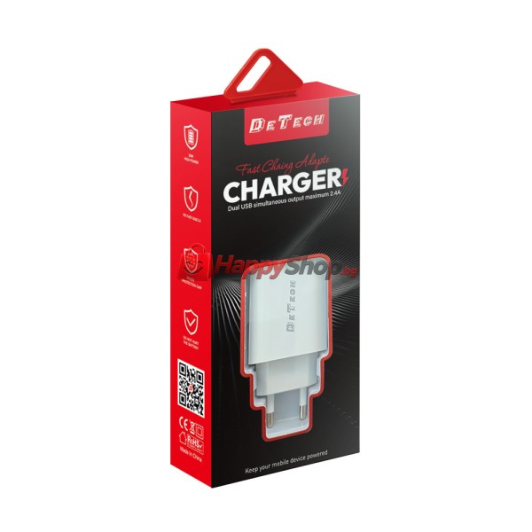Мрежово зарядно устройство DeTech DE-58i, 5V/2.4A, 220V, 2 x USB, С кабел Lightning, 1.0m, Бял - 40540
