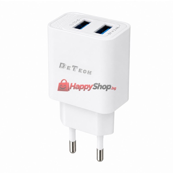 Мрежово зарядно устройство DeTech DE-59, 5V/2.4A 220V, 2 x USB, Бял - 40541