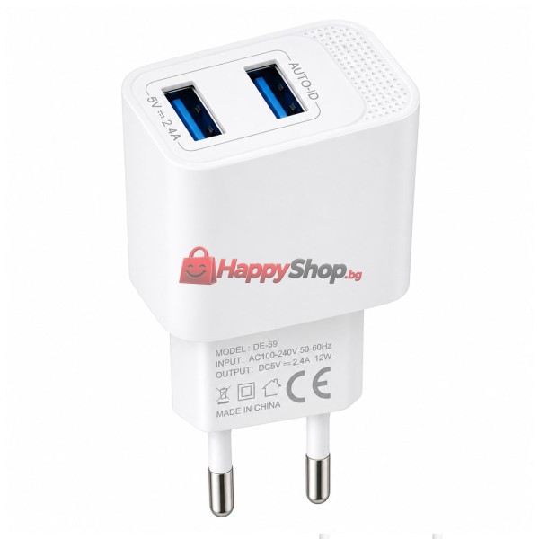 Мрежово зарядно устройство DeTech DE-59C, 5V/2.4A, 220V, 2 x USB, с Type-C кабел, 1.0m, Бял - 40542