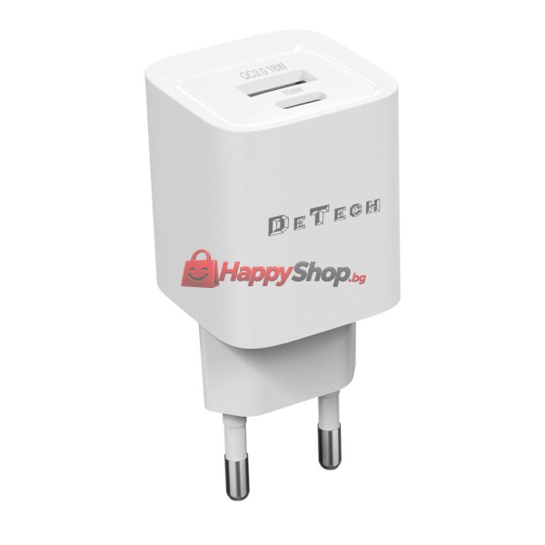 Мрежово зарядно устройство DeTech DE-60, 20W, 1 x Type-C F, 1 x USB F, PD, QC, Бял - 40543