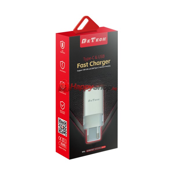 Мрежово зарядно устройство DeTech DE-60C, 20W, 1 x Type-C F, 1 x USB F, PD, QC, С кабел Type-C - Type-C, 1.0m, Бял - 40544