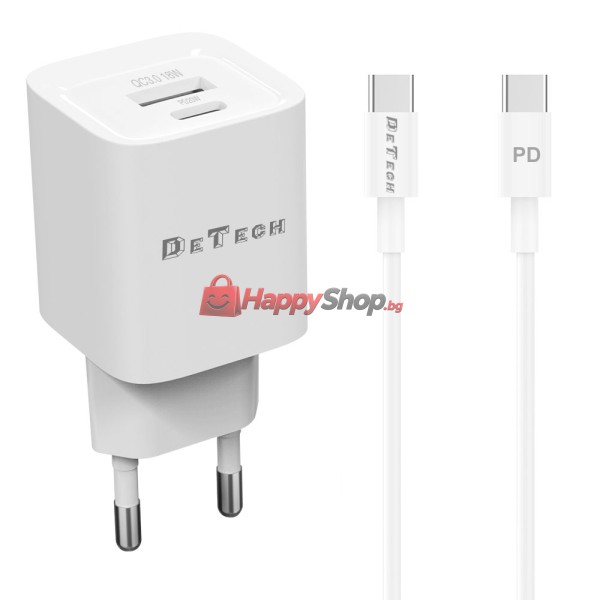 Мрежово зарядно устройство DeTech DE-60C, 20W, 1 x Type-C F, 1 x USB F, PD, QC, С кабел Type-C - Type-C, 1.0m, Бял - 40544