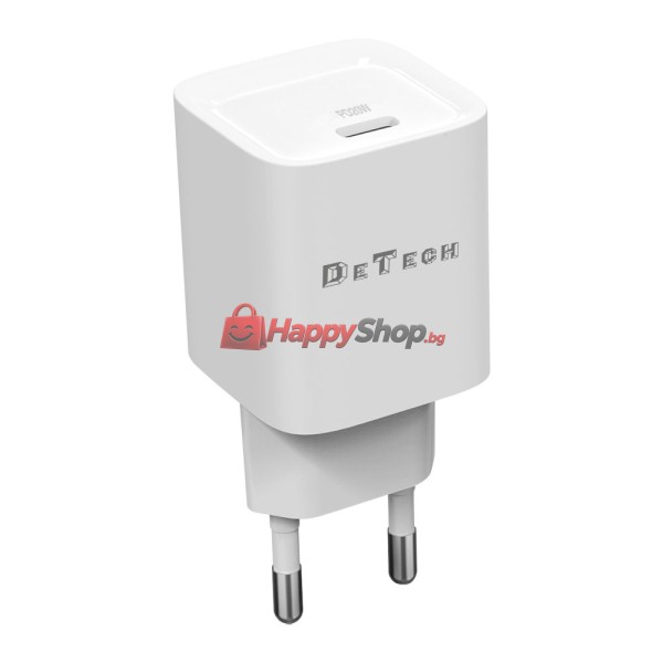 Мрежово зарядно устройство DeTech DE-61, 20W, 1 x Type-C F, PD, Бял - 40545