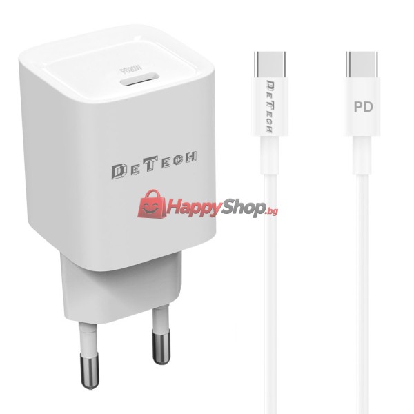 Мрежово зарядно устройство DeTech DE-61C, 20W, 1 x Type-C F, PD, С кабел Type-C - Type-C, 1.0m, Бял - 40546